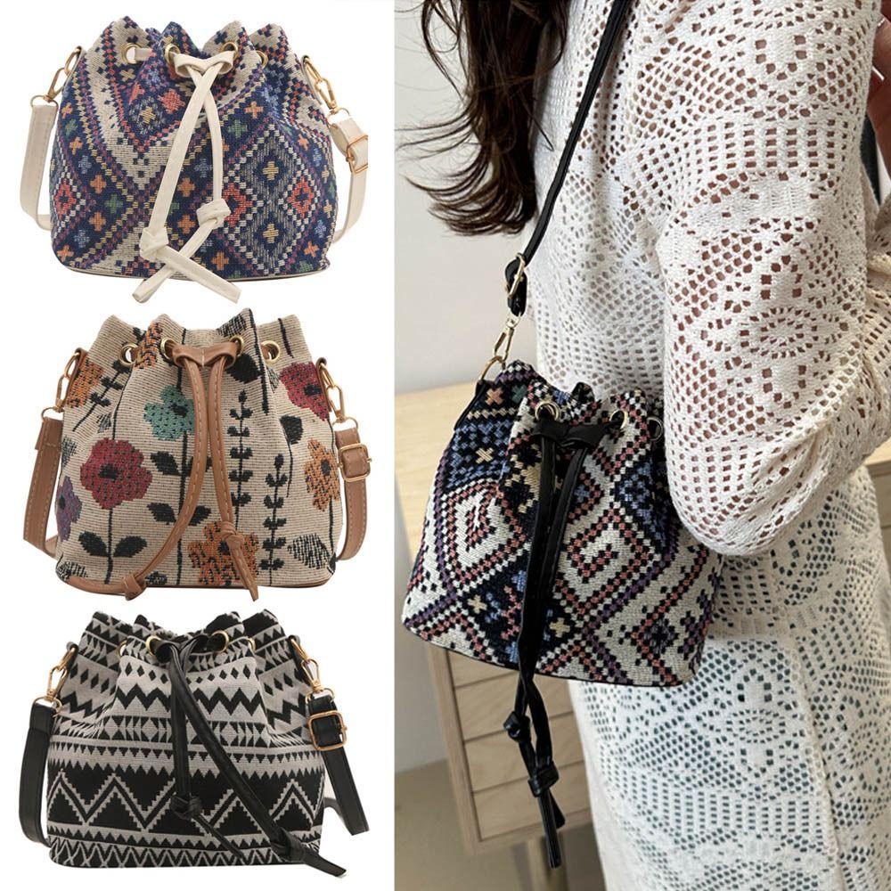 Bucket Bag Suede - Mode linnen stoffen emmertas met bloemmotief,