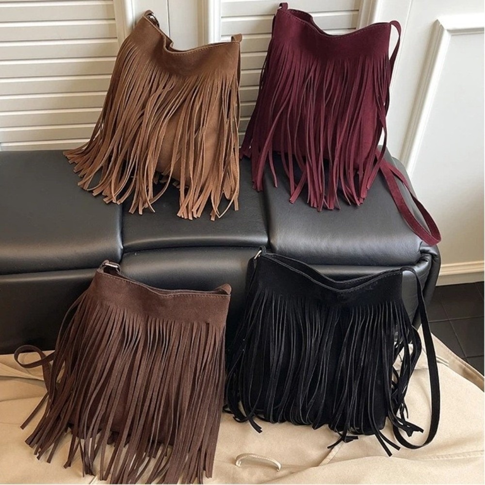 Bucket Bag Suede - Mode suède crossbodytas met franjes, grote